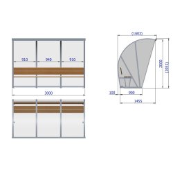 Spillerkabine (3 m) m/tr�b�nk (s�t)