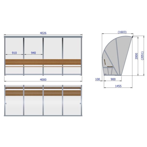 Spillerkabine (4 m) m/tr�b�nk (s�t)